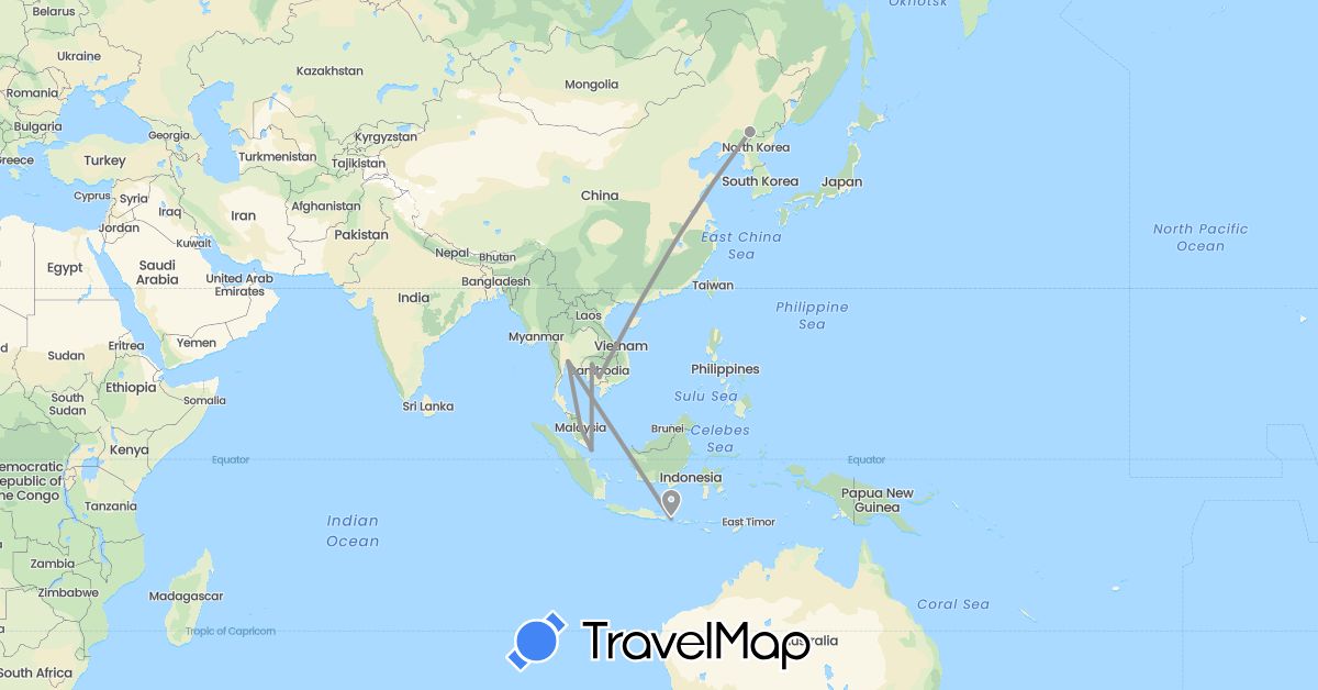 TravelMap itinerary: driving, plane in Indonesia, Cambodia, South Korea, Malaysia, Singapore, Thailand (Asia)